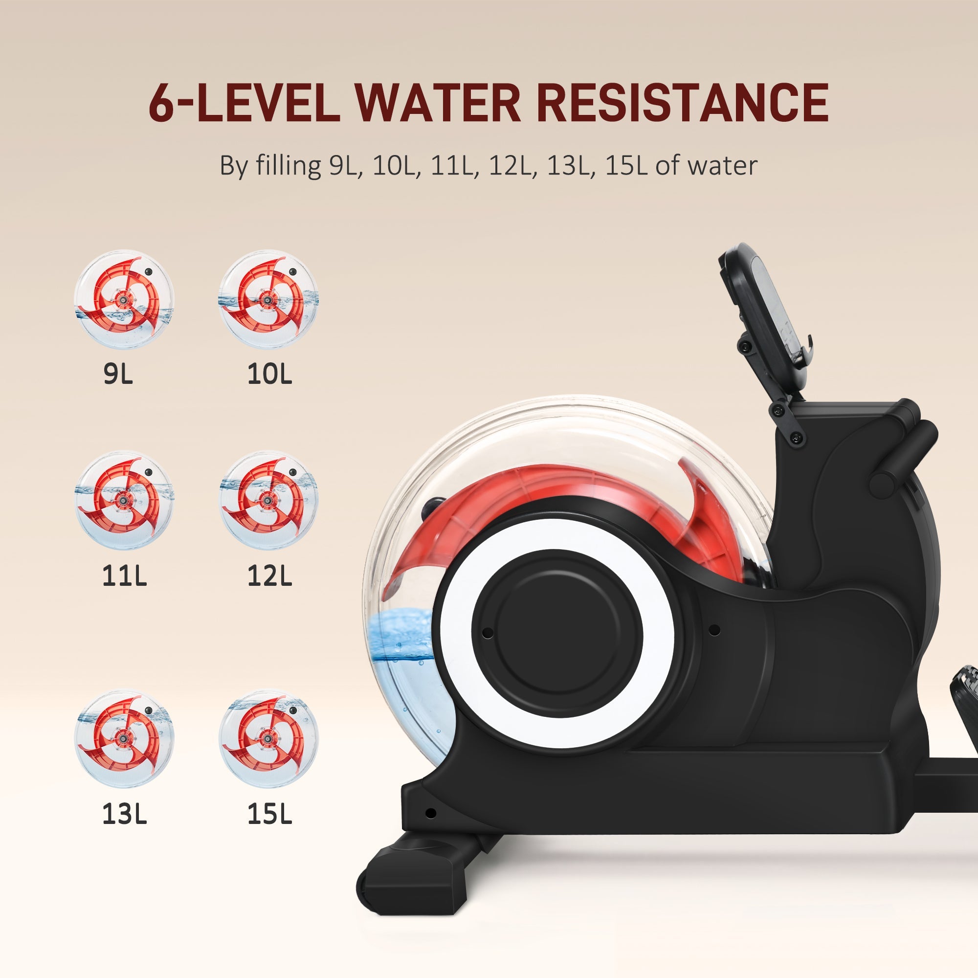 Foldable Water Rower with LCD Monitor and Tablet Holder