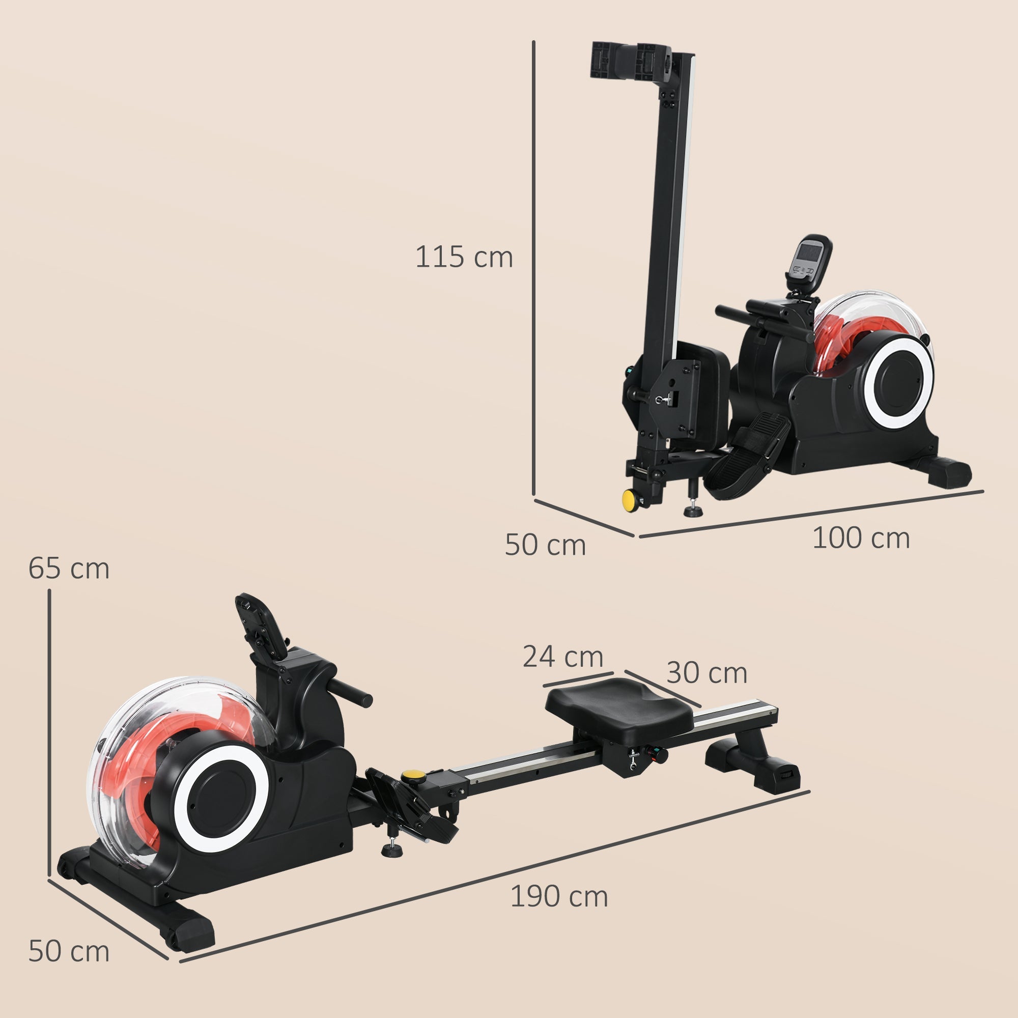 Foldable Water Rower with LCD Monitor and Tablet Holder