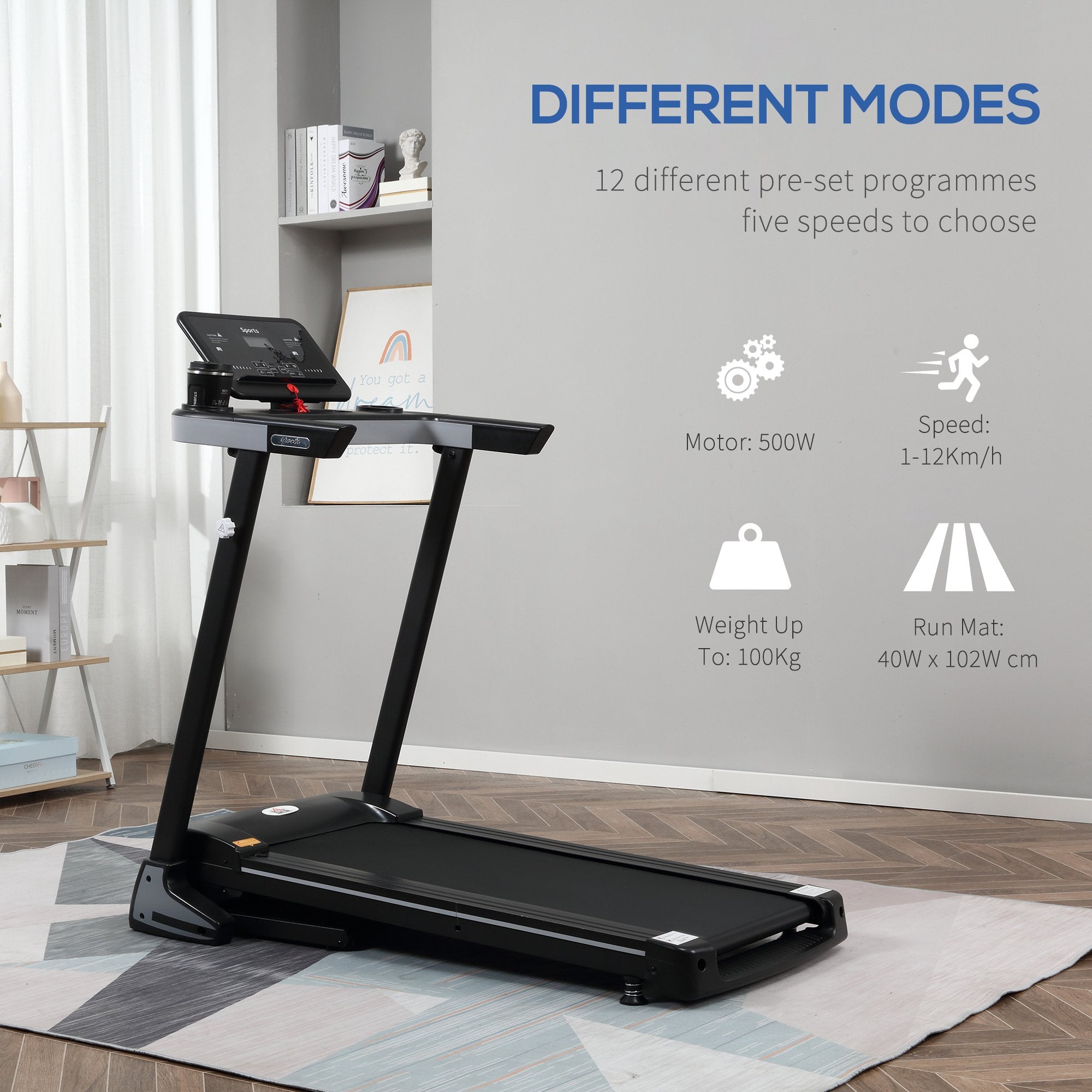 Folding Motorised Treadmill with LCD Display - Black