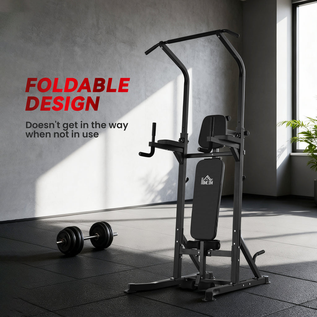 HOMCOM Pull Up Station with Adjustable Weight Bench, Dip Station and Barbell Rack, Multi-Function Power Tower Free Standing Pull Up Bar for Home Gym