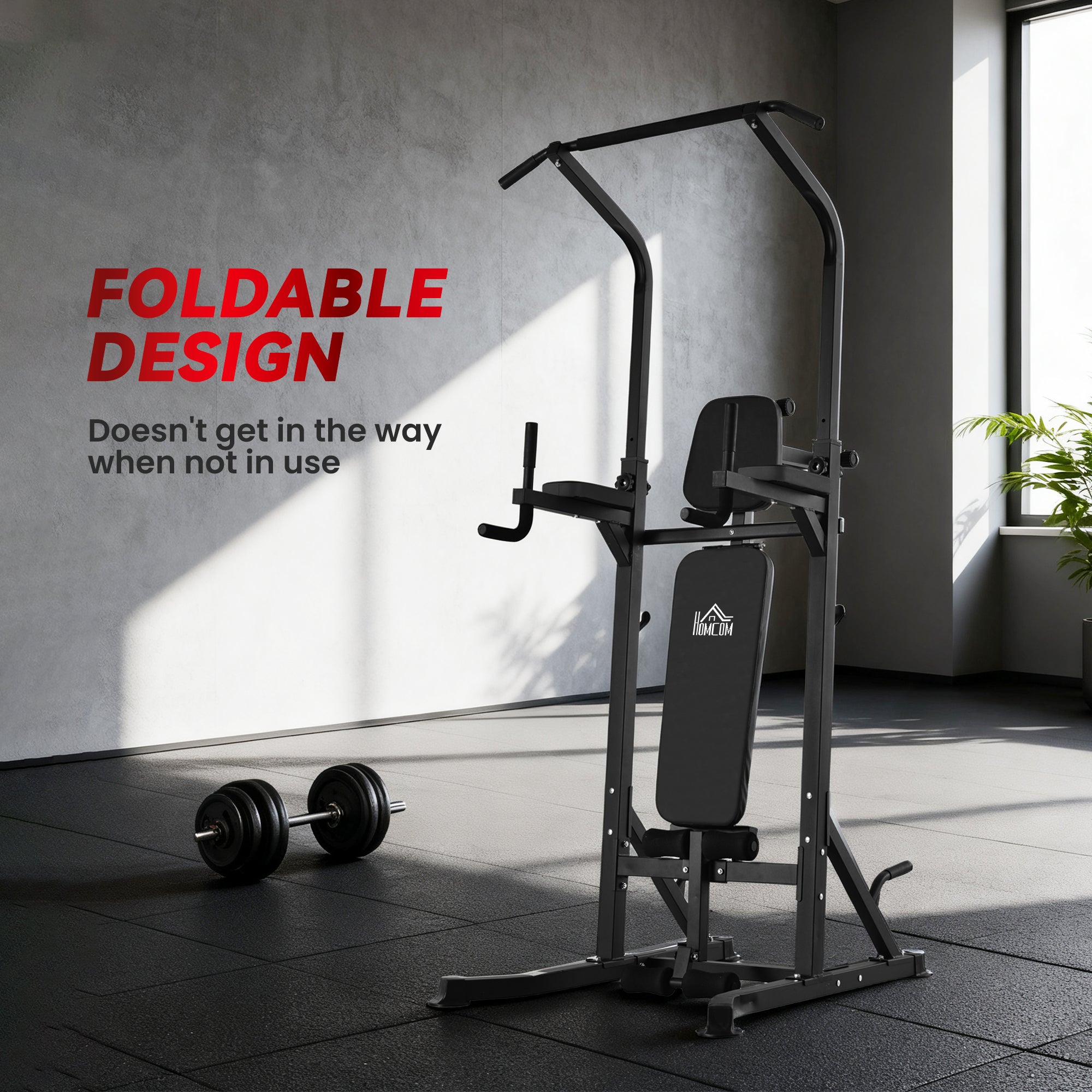 HOMCOM Pull Up Station with Adjustable Weight Bench, Dip Station and Barbell Rack, Multi-Function Power Tower Free Standing Pull Up Bar for Home Gym