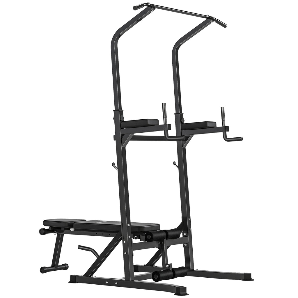 HOMCOM Pull Up Station with Adjustable Weight Bench, Dip Station and Barbell Rack, Multi-Function Power Tower Free Standing Pull Up Bar for Home Gym