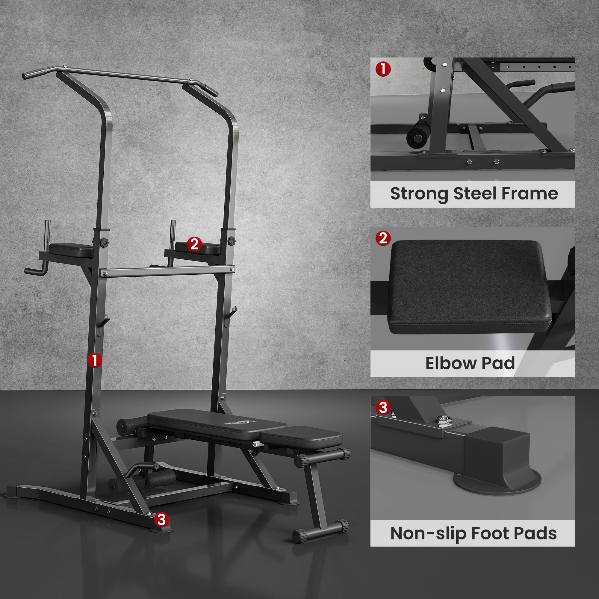 HOMCOM Pull Up Station with Adjustable Weight Bench, Dip Station and Barbell Rack, Multi-Function Power Tower Free Standing Pull Up Bar for Home Gym