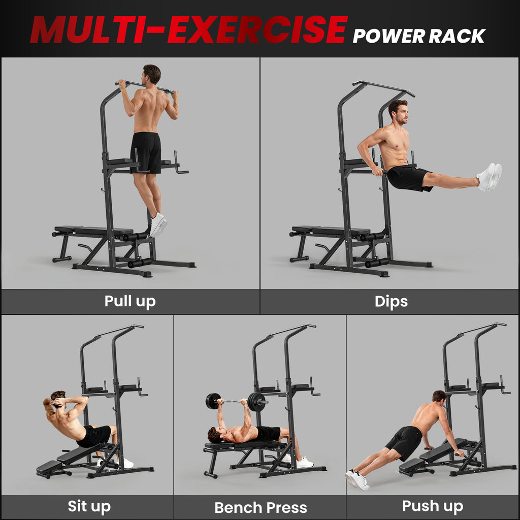 HOMCOM Pull Up Station with Adjustable Weight Bench, Dip Station and Barbell Rack, Multi-Function Power Tower Free Standing Pull Up Bar for Home Gym