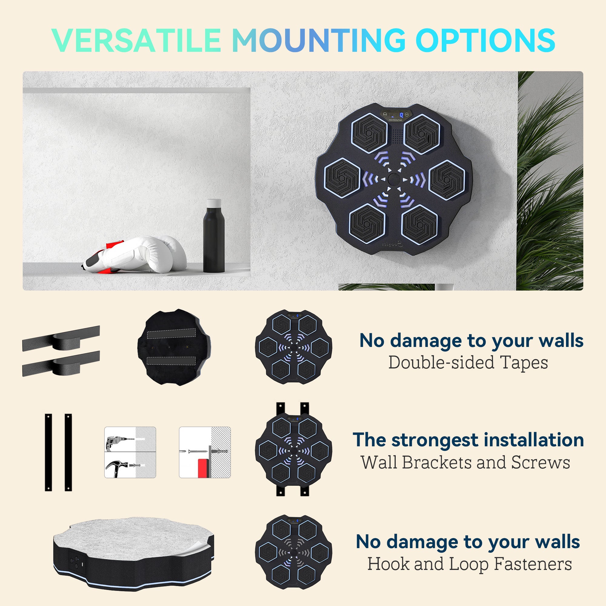 Music Boxing Machine, Smart Bluetooth Boxing Machine Wall Mounted with 9 Speeds & Modes, LED Lights, Punching Pad for Adults, Black