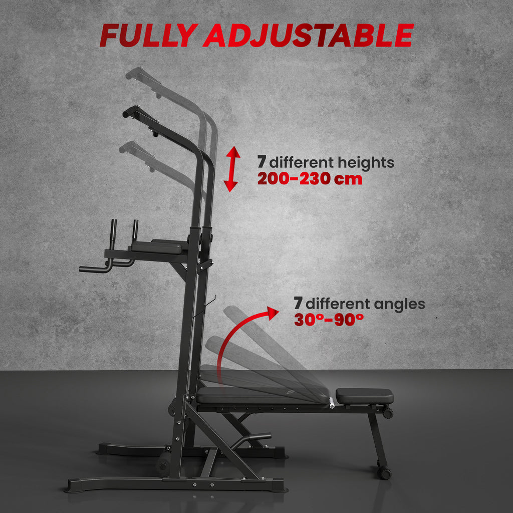 HOMCOM Pull Up Station with Adjustable Weight Bench, Dip Station and Barbell Rack, Multi-Function Power Tower Free Standing Pull Up Bar for Home Gym