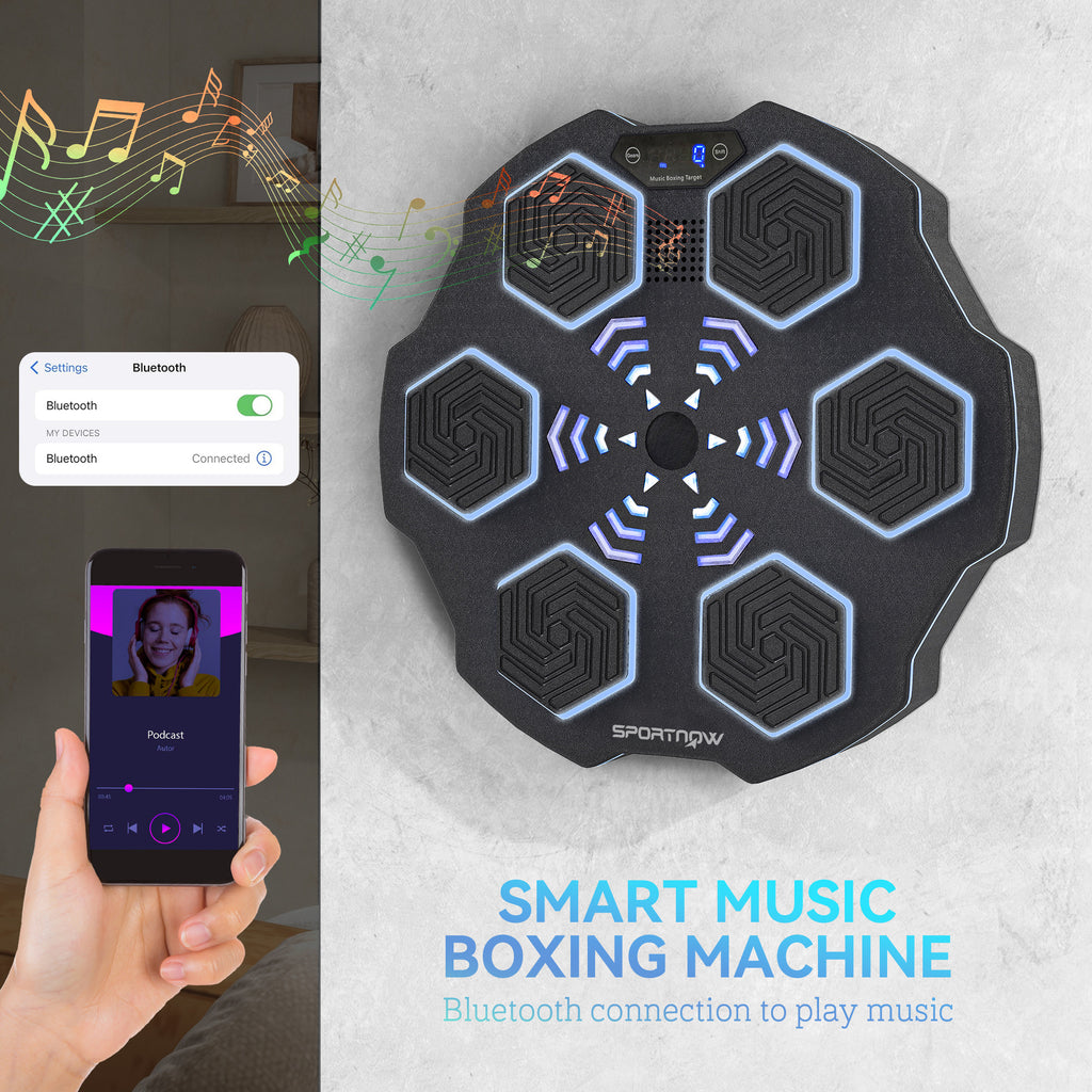 Music Boxing Machine, Smart Bluetooth Boxing Machine Wall Mounted with 9 Speeds & Modes, LED Lights, Punching Pad for Adults, Black