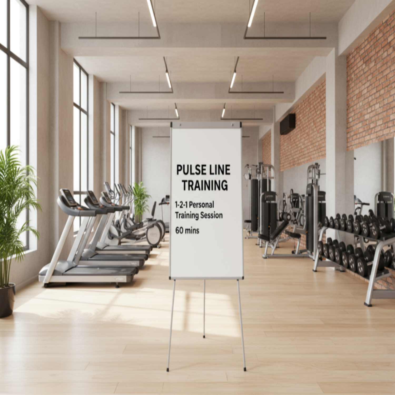 remove the people and add a white board that says pulse line training 1-2-1 personal training session 60 mins