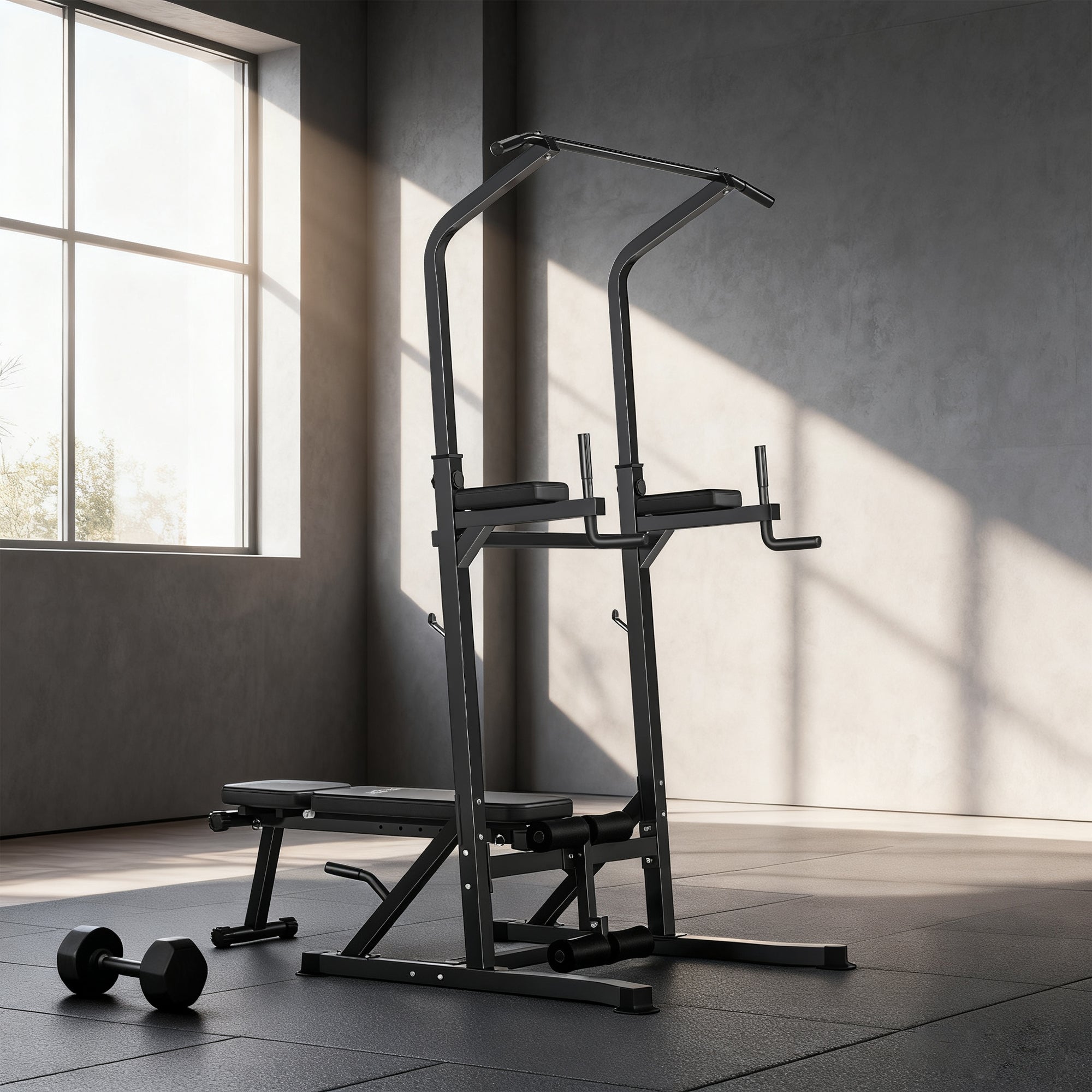 HOMCOM Pull Up Station with Adjustable Weight Bench, Dip Station and Barbell Rack, Multi-Function Power Tower Free Standing Pull Up Bar for Home Gym