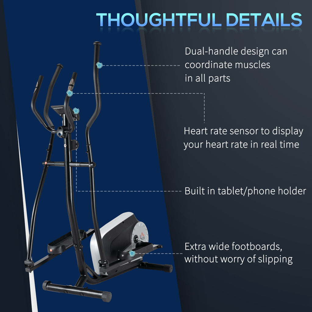 Elliptical Cross Trainer, Home Cardio Workout Machine w/ 8 Level Magnetic Resistance, LCD Monitor, Pulse Heart Rate Sensor and Two Wheels Adjustable